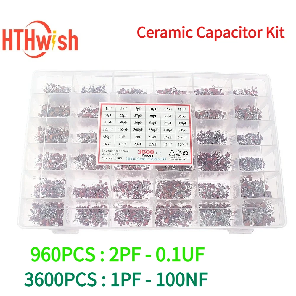 

960/3600PCS Ceramic Capacitor Kit with Box,24 kinds 2PF-0.1U & 36 kinds 1PF~100nF 3.9NF 10PF 22PF 33PF 47PF 1NF 10NF 47NF