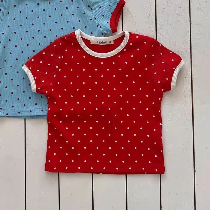 Koreanische Kinderkleidung Sommer Neues T-Shirt 2026 Mädchen Stylisches Vielseitiges Farbblock-Oberteil mit Polka Dots – Detail 3