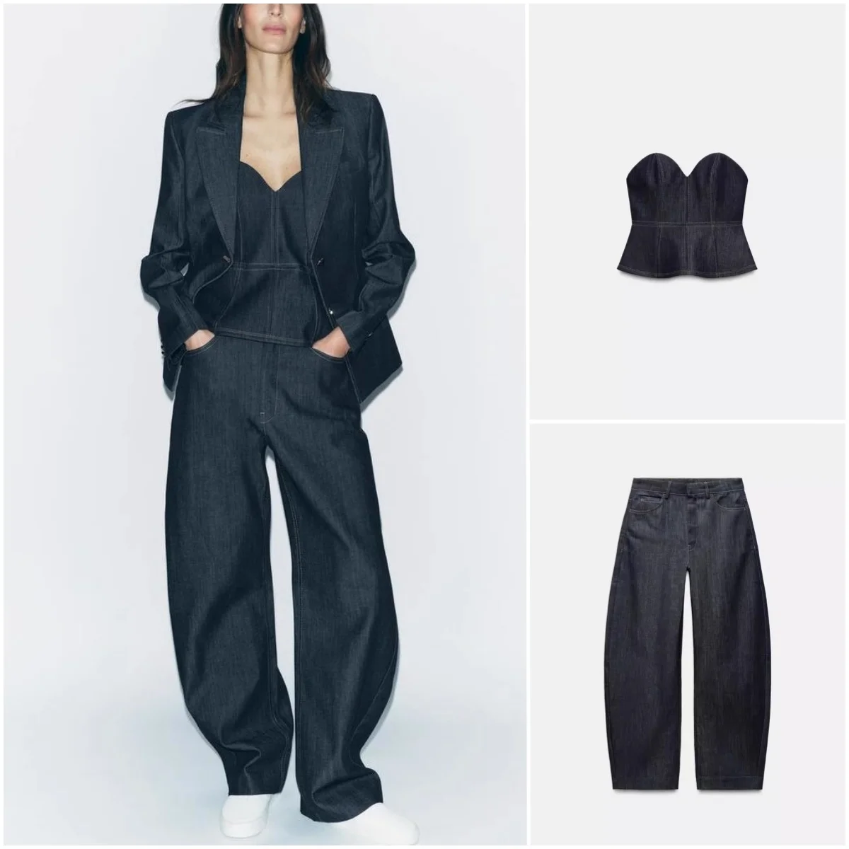 

Spring Denim Tube Top 2057223 with Denim Suit Jaet 2342223 Long Sve Flip Collar Faion Set Tee Piece Women's Ensemble