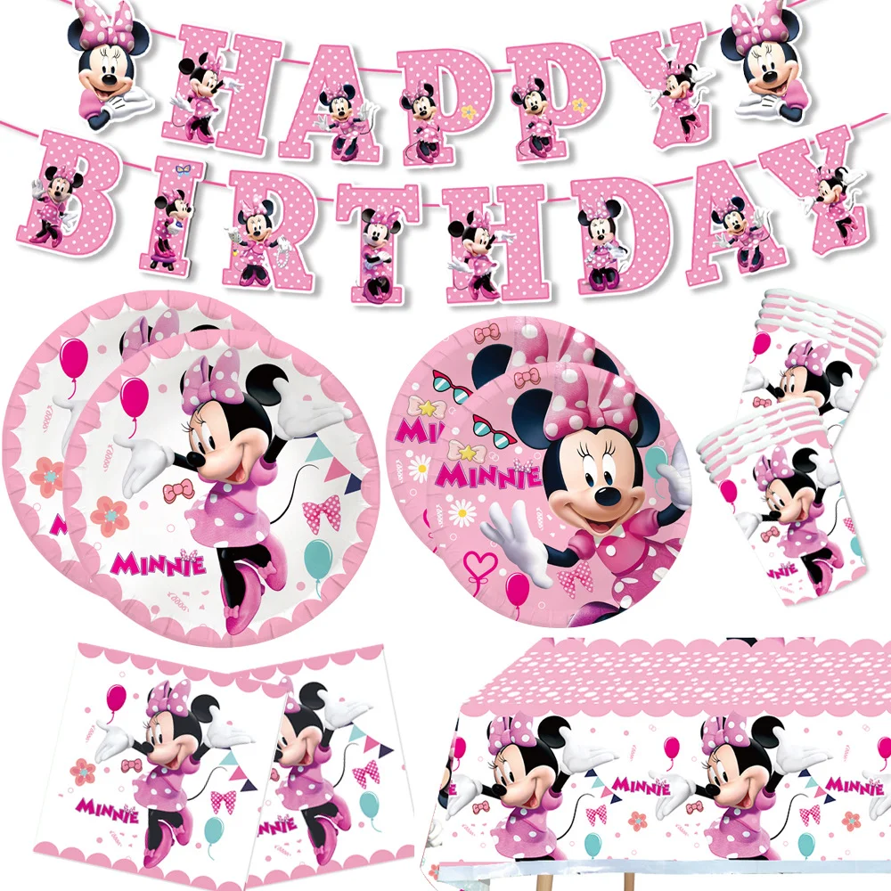 Disney Minnie Mouse Birthday Decoration Minnie Birthday Theme Tableware Tablecloth Backdrop Banner Pink Balloons Kids Favors