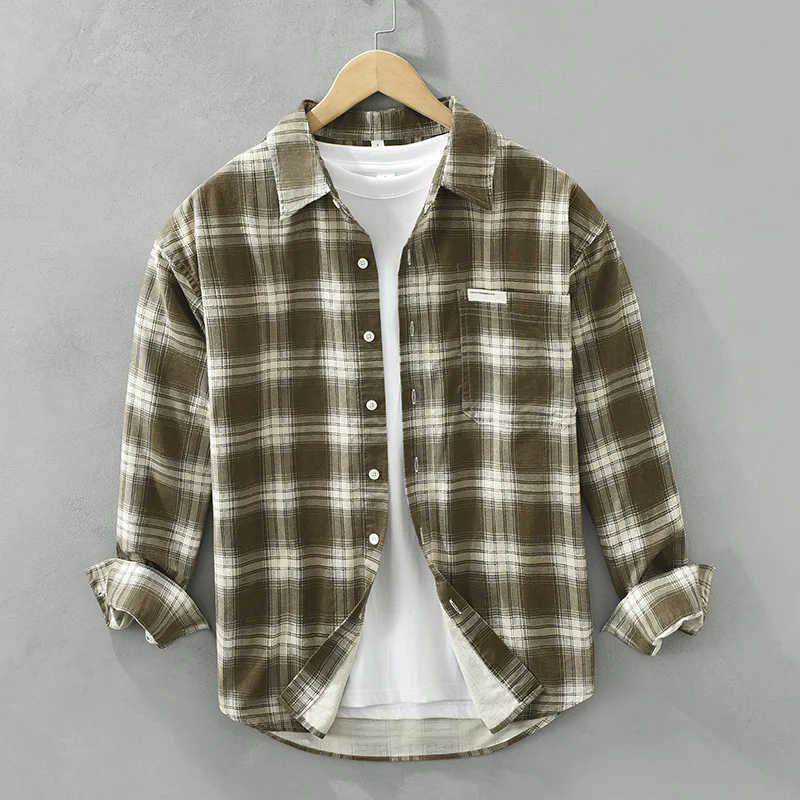 Camisa de algodão xadrez estilo coreano masculina, manga comprida, gola virada para baixo, ajuste justo, roupas casuais de negócios, primavera, verão, 100%
