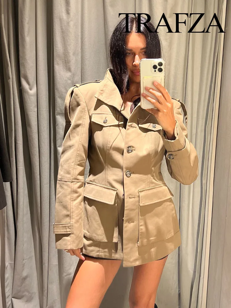 

HH Woman Autumn Casual Street Style Jacket Women's Fashion Long Sleeves High Neck Pockets Single Breasted Decorate Slim Coats