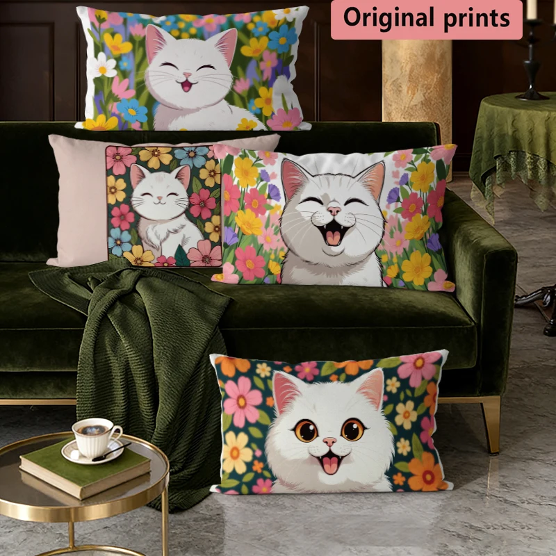 Niedliche Lendenkissenbezüge mit Blumen-Katzen-Print, geeignet für Sofa, Schlafzimmer, Auto, Kissenbezug, rechteckiges Rückenkissen
