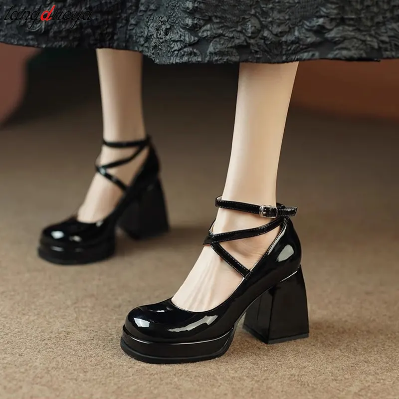 Women\'s summer Footwear on Heeled Shoes Woman New Elegant Vintage Lolita Mary Jane shoes Black Round Toe High Heels party shoes