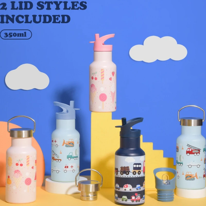 

2025 New 350ml Double-layer Stainless Steel Sports Kettle Outdoor Double-cover Handle with Straw Thermos Cup Water Bottle