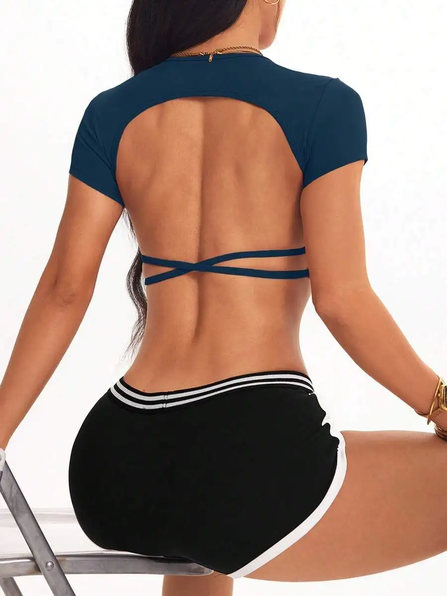Velisys 2PCS Women's Fashion Backless Thin Strap Fitted Short Sports T-Shirt 2 Piece Sport Set 2pc Active Set