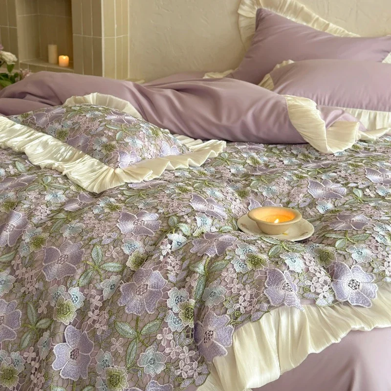 Bedroom Romantic All Cotton Washed Cotton 4-piece Set, 3D Embroidered Flowers Lace Edges Pure Cotton Duvet Cover Bedding