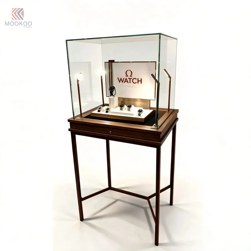 custom.Wooden Watch Display Tempered Glass Showcase With Adjustable Spot Light High End Display Stand Luxury Boutique