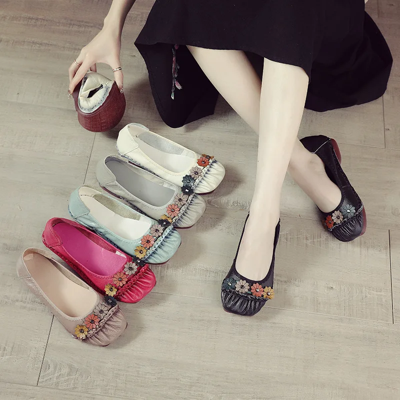 XIHAHA Genuine Leather Classic Flowers Ladies' Fashionable Shoe Flats Famous Banquet Wedding Shoes Flat Soft Trendy Shoes view 5
