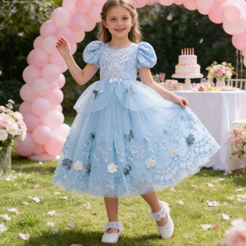 

Girls Princess Dress Blue Flower Embroidery Gown Halloween Costume Girl Wedding Birthday Party Carnival Cosplay Girl Costume