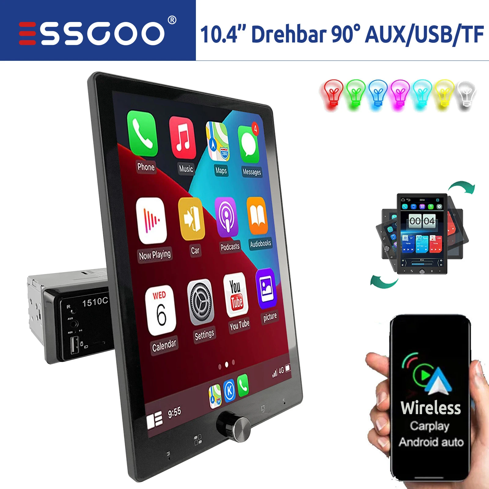 ESSGOO 10 Inch Rotatable 90° IPS Touchscreen Single 1 DIN Car Stereo Wireless Apple Carplay Android Auto USB AUX TF FM Bluetooth