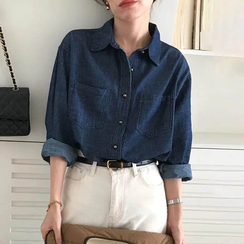 Csa vaquera hoada de manga larga con cuello abotonado para mujer, Vintage Chic, moda de primavera 2023, versátil, con do...