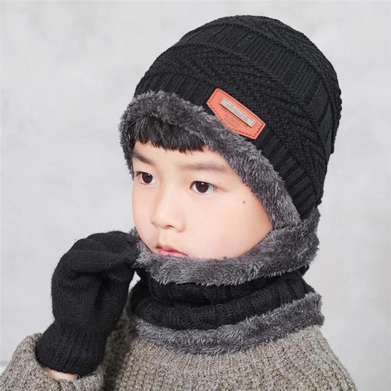 Children\'s Knitted Hat and Scarf Gloves Set Warm Plush Hat Outdoor Ski Cap Solid Scarves, Boy Girls Kids Winter Warm 3 Pcs Suit