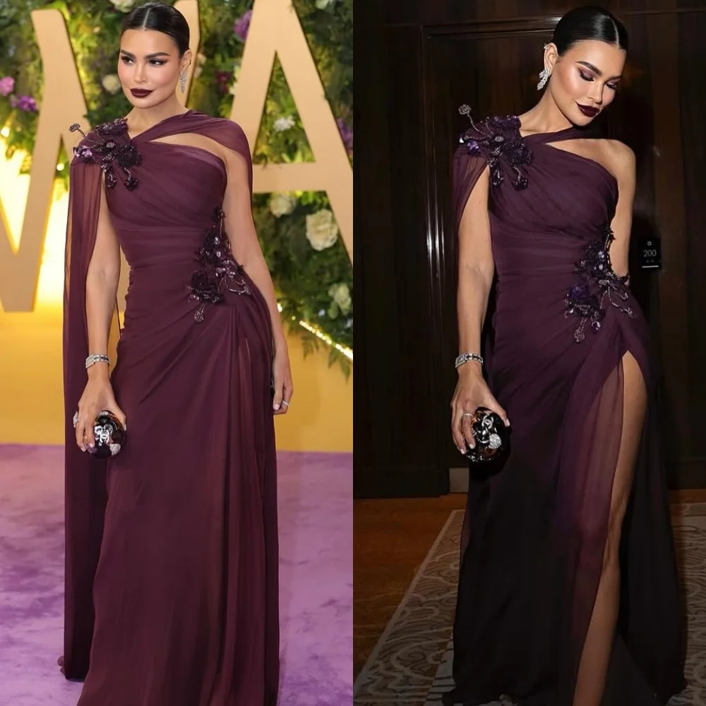 

Customized Exquisite Purple One Shoulder Sleeveless Evening Dress Temperament Flowers Prom Dresses Delicate Tulle Party Gowns