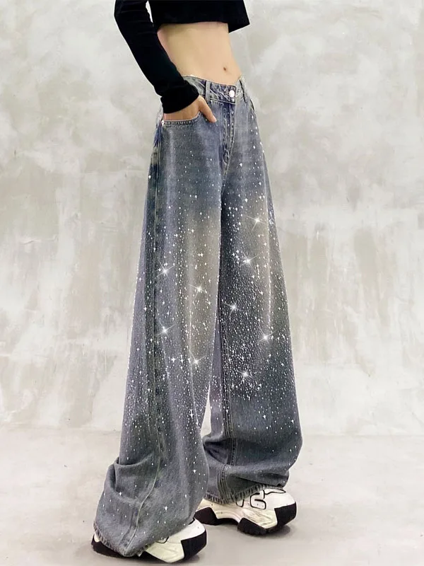 

iny Star Rhinestone Casual Loose High Waist Straight Leg Jeans Women's New Sle Faionable Wide Leg Pants Daily Wear
