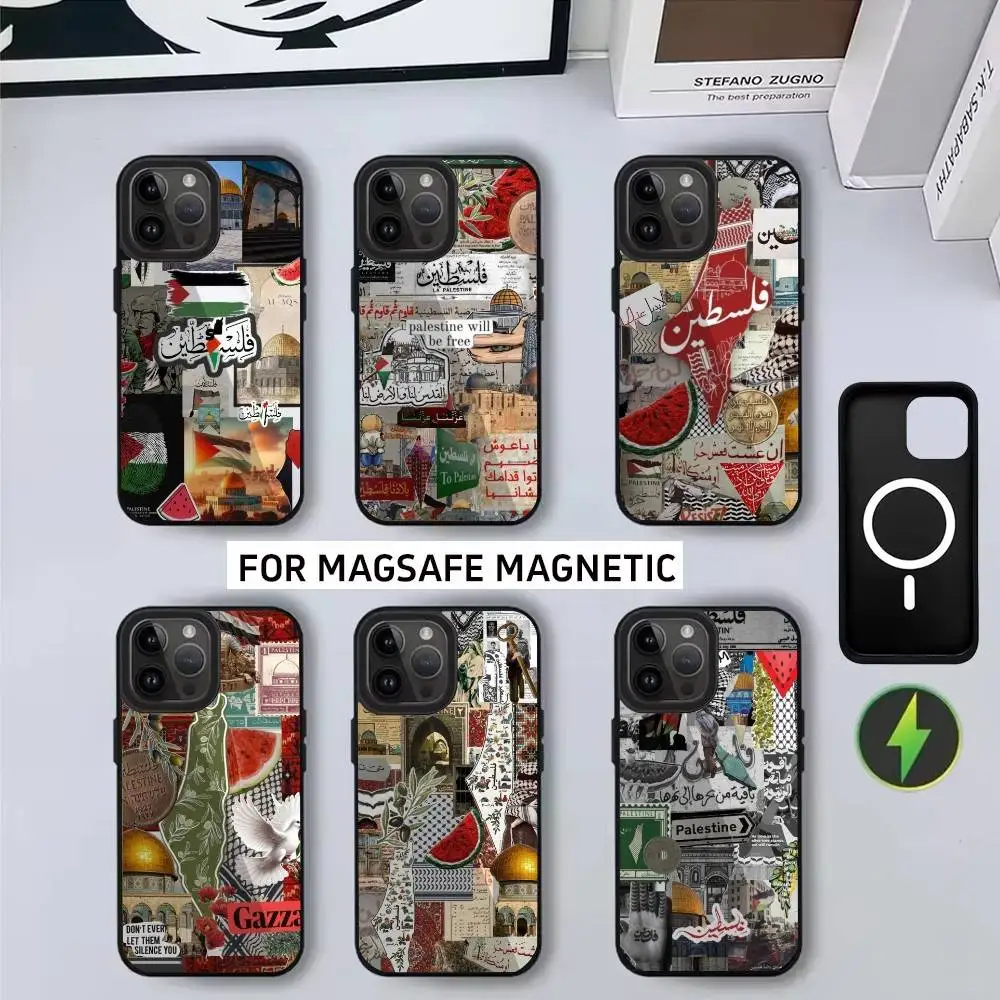 حافظة هاتف فنية P-Palestine-es-F-Flag لهاتف iPhone17,16,15,14,13,12,11 Plus، Pro Max Magnetic للشحن اللاسلكي Magsafe