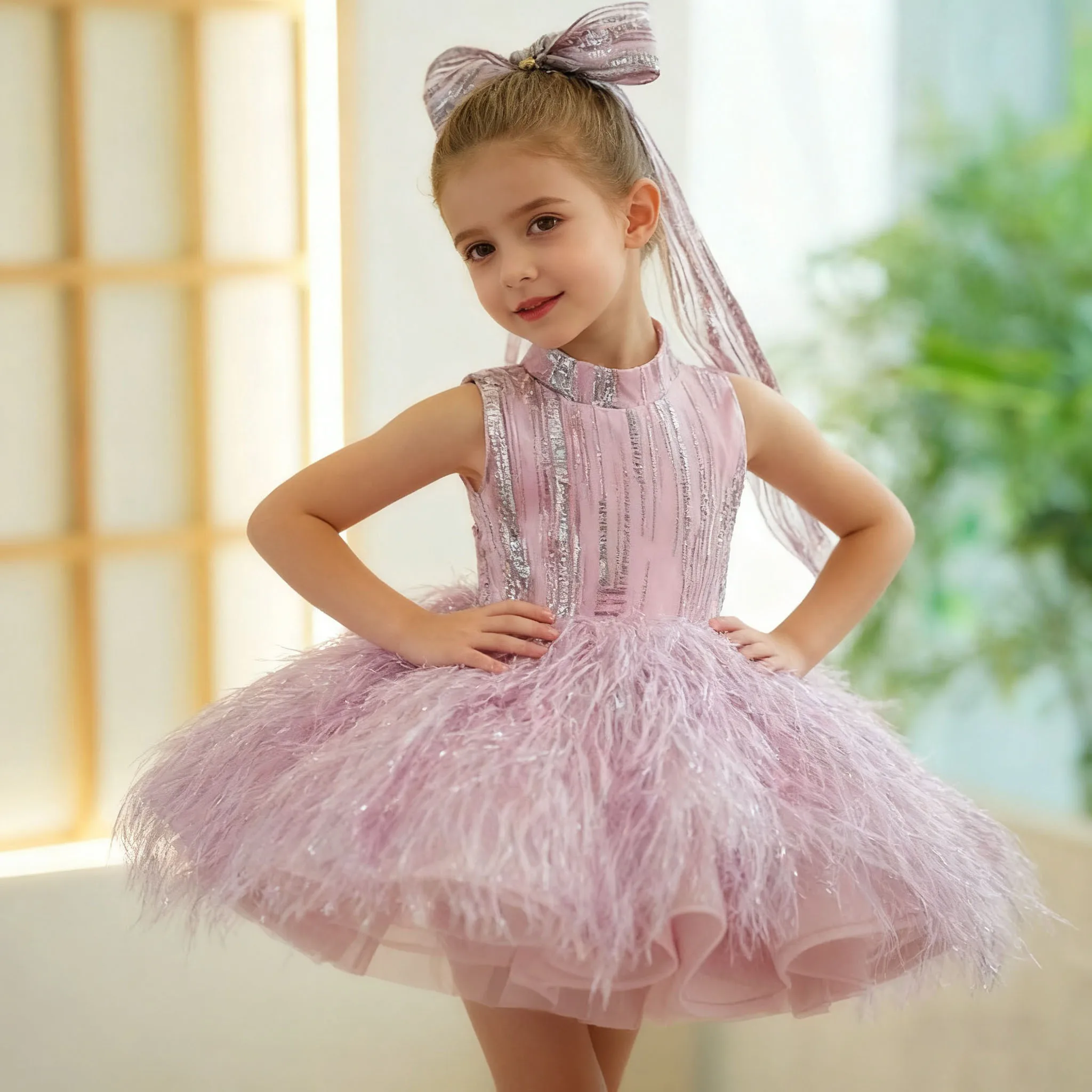 

Elegant Girl Dress Sleeveless Tassel Kids Princess Girls Clothes Sequined Trend Feather Evening Children Birthday Party Clothing