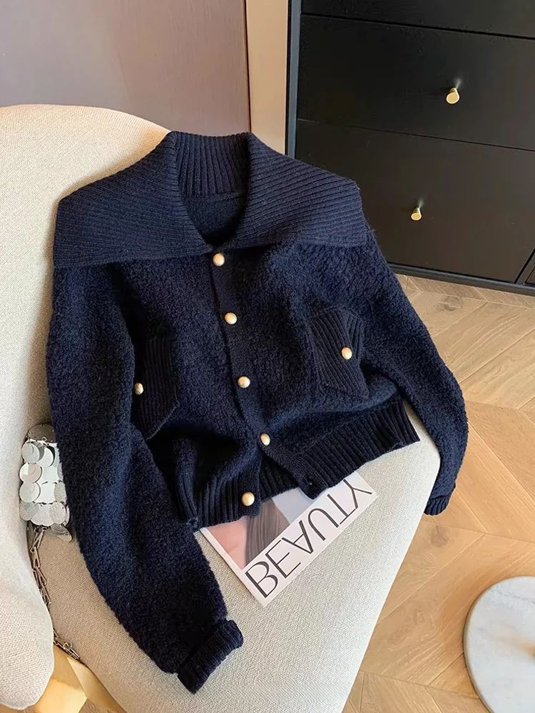 Suéter Cárdigan de Punto ueso de Alta Gama para Mujer, Hebilla de Metal, Cuello ande, Estilo Dulce Versátil, Ropa de Abri...