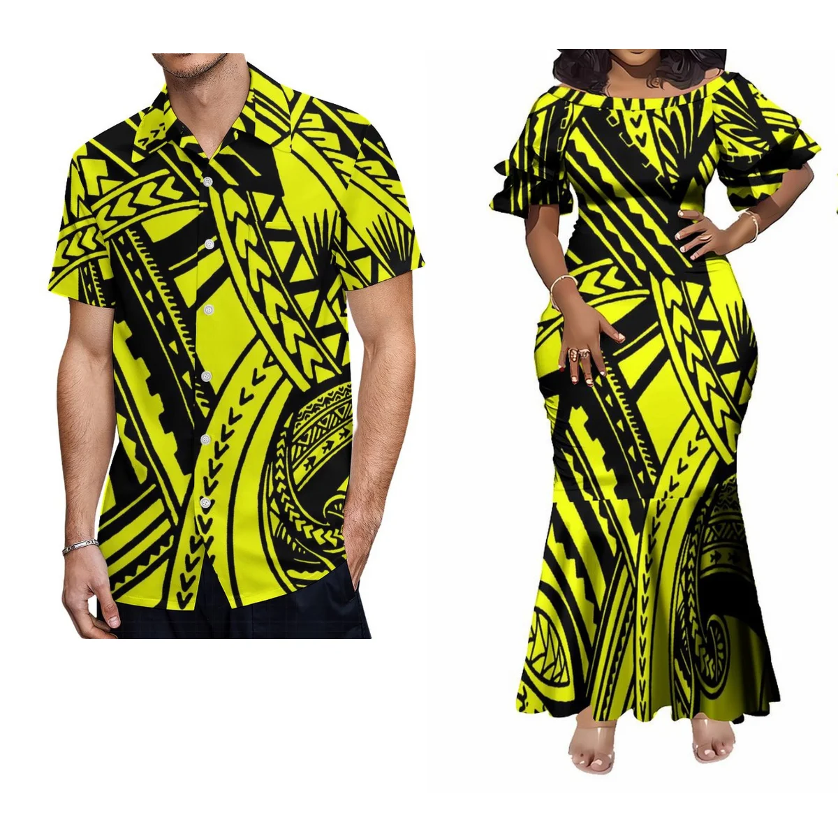 

2024 New Summer Lotus Cuff Slim Dress Round Neck Fishtail Skirt Polynesian Couple Suit Custom Art Print Men'S Shirt Samoa Fiji