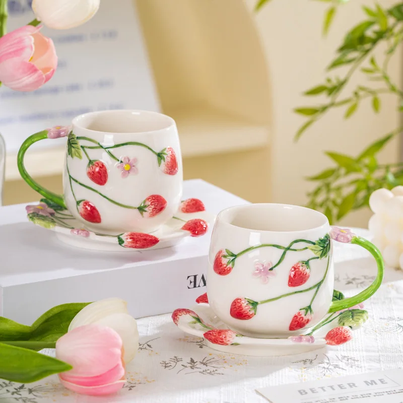 

Underglaze Colored Strawberry Ceramic Cups Plates, Office Tea Cup Set, High-value Coffee Mug,Breakfast Milk Mugs,Christmas Gifts