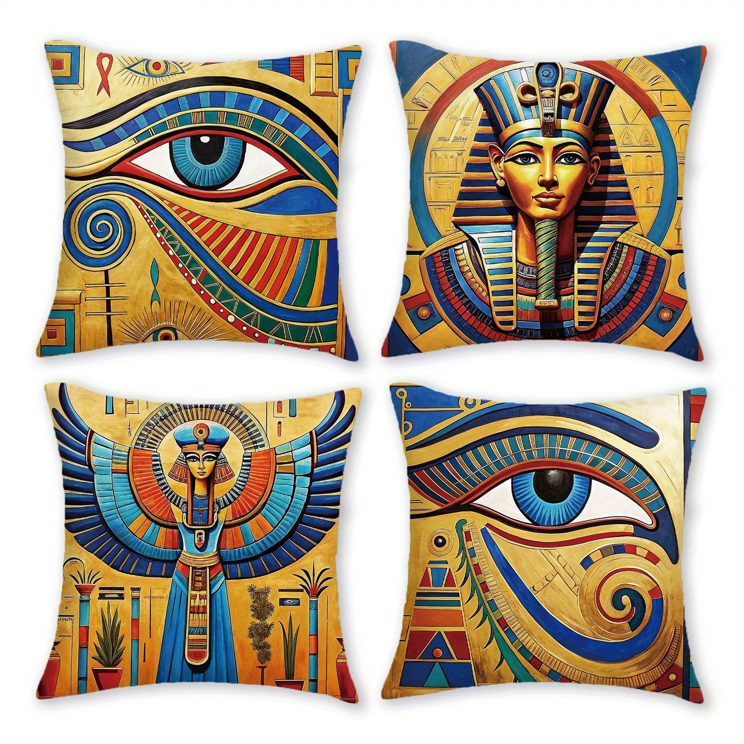Ancient Egyptian Throw Pillow Covers - Eye of Horus & Pharaoh Tutankhamun Decorative Pillow Cases, Cushion Covers for Sofa Bed