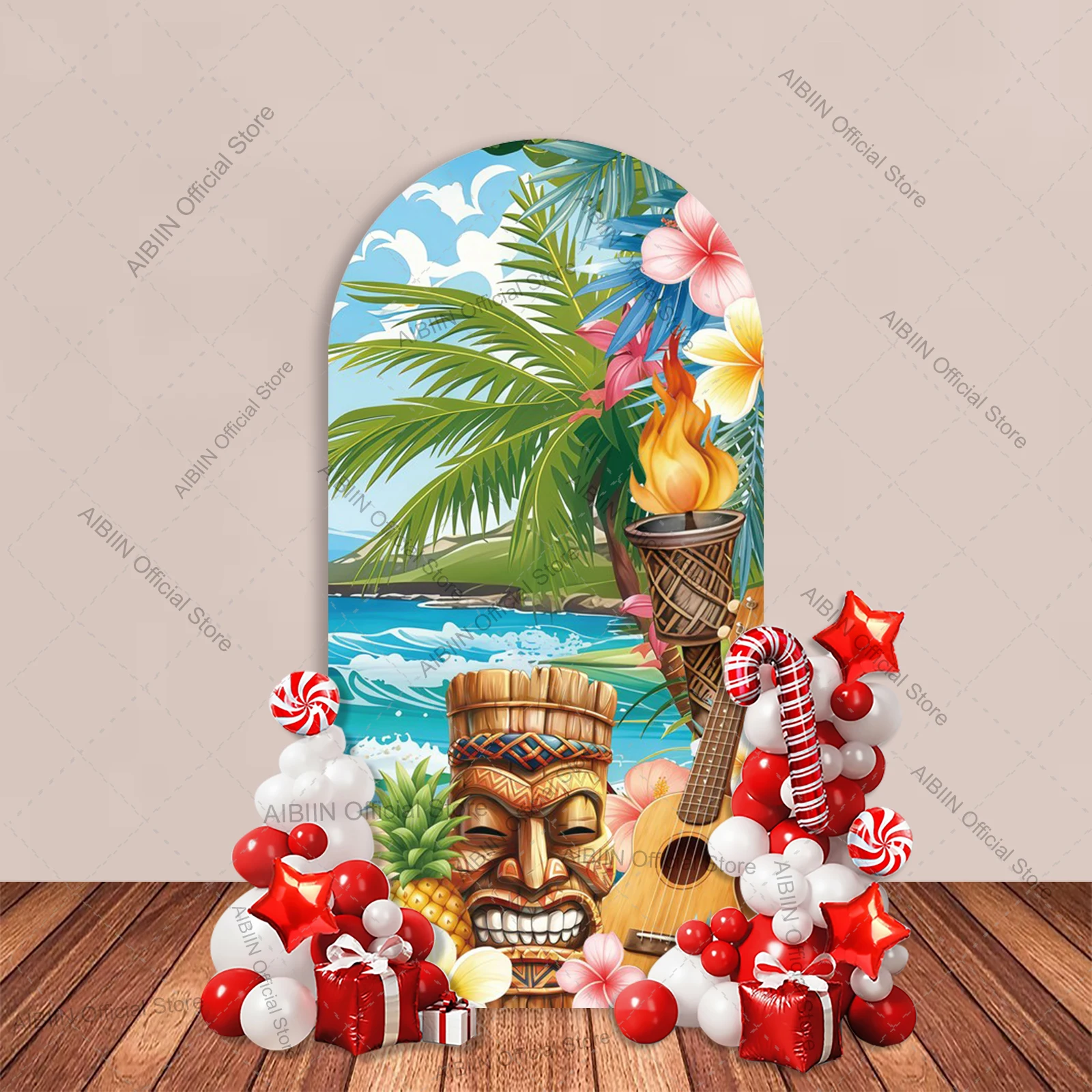 Hawaii Luau Happy Birthday Arch Backdrop Cover Summer Tropical Beach Tiki Pineapple Palm Tree Cake Party Decor Background view 4