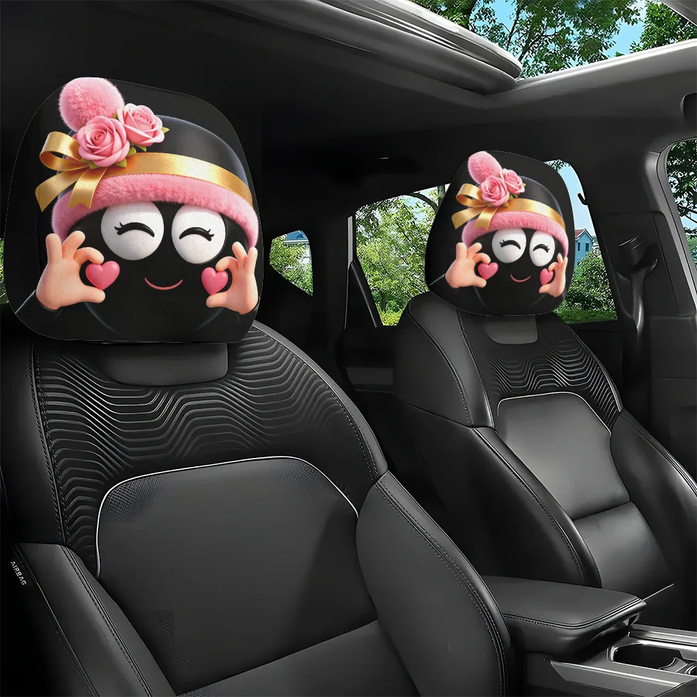 Heart & Floral Cartoon Character Car Headrest Cover, Elastic Fit & Washable, Personalized Car Interior Decor