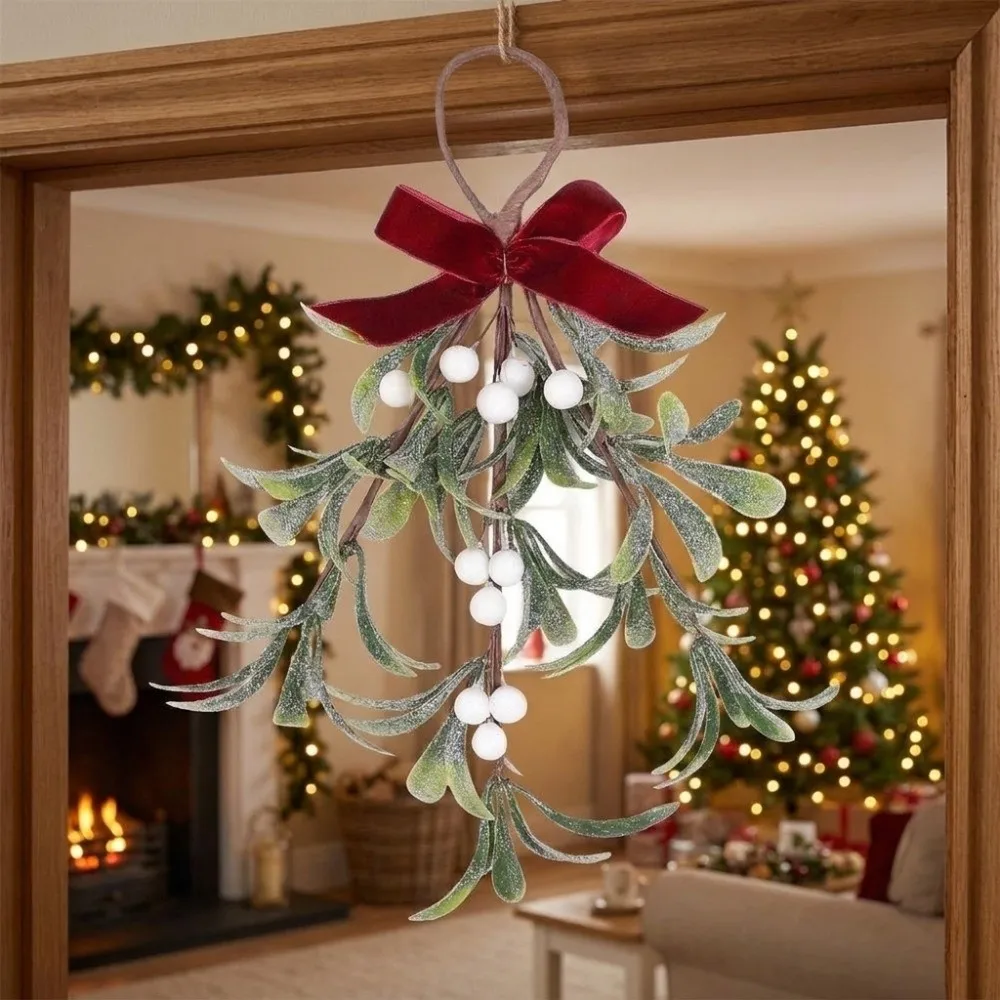 Lifelike Artificial Christmas Tree Wreath Red Berries With Bowknot Xmas Garland Decorative Artificial Pine Swag Winter