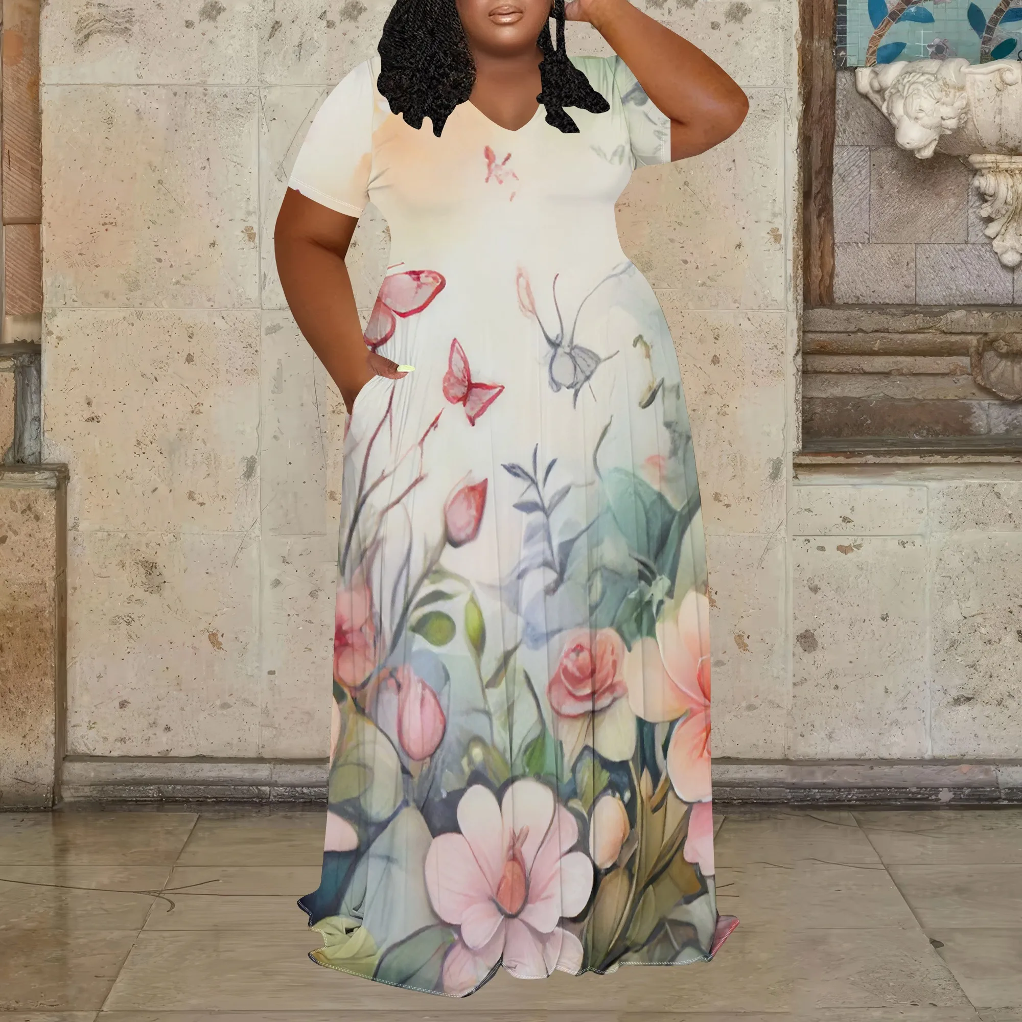 プラスサイズ レディース 夏 3D ファッション プリント ワンピース 半袖 Vネック マキシワンピース (ポケット付き)