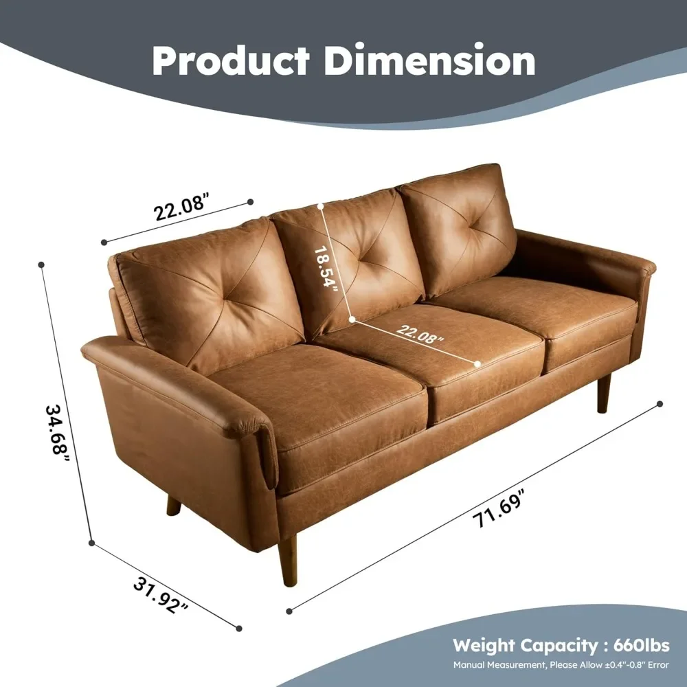 Mid-Century Modern Sofa Couch,Faux Leather 3 Seater Sofa w/Key Armrest and Comfortable Cushions