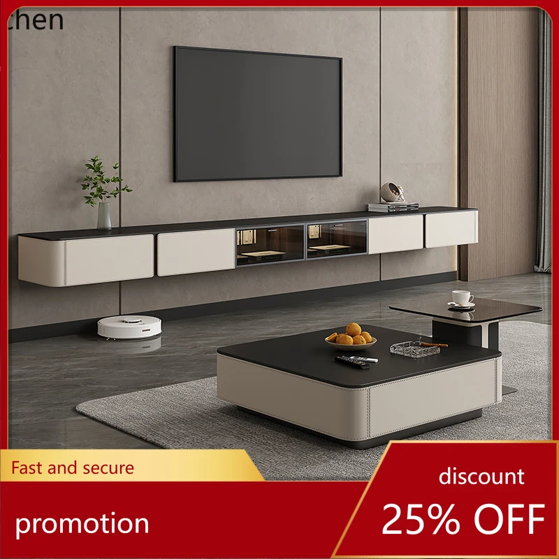 

HT Italian minimalist black rock slab suspended TV cabinet modern living room wall hanging solid wood wall cabinet