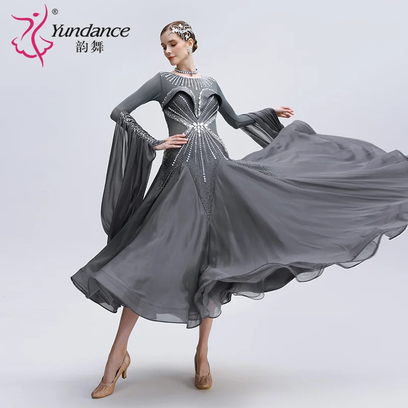 B-24182 Custom new rhinestone dress standard ballroom dance high quality gray chiffon long ballroom dancing dress for sale