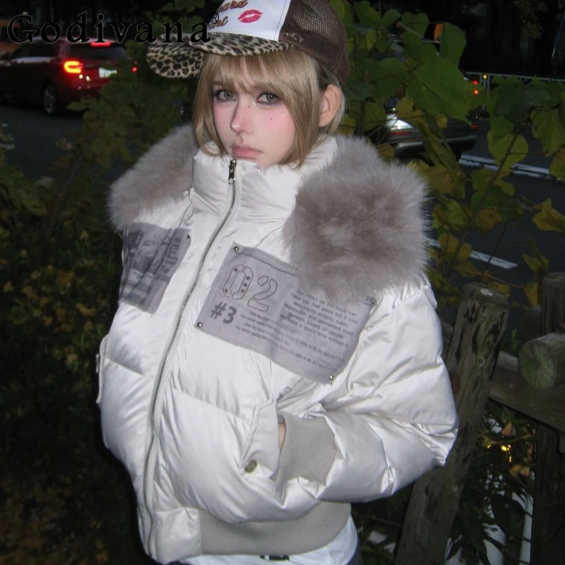 

American Fur Hooded Cotton Parkas Women Winter Thickened Puffer Coat with Detachable Fur Collar Female Subculture Short Parkas