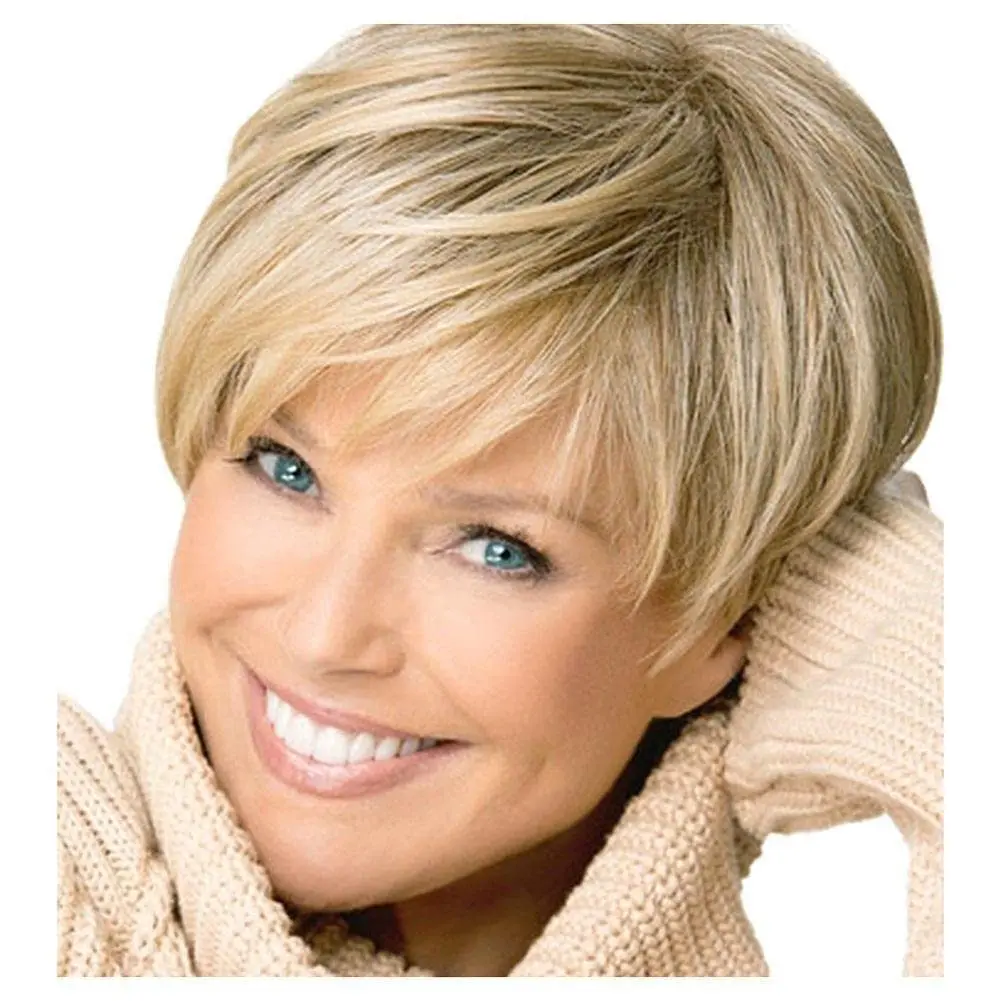 

8-inch short blonde and brown wig with bangs,blonde and brown mixed wig,fluffy synthetic fiber women's synthetic wig