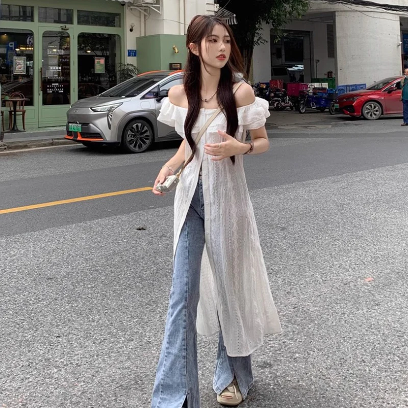 Y2K SlashคอMidiชุดผู้หญิงแฟชั่นเซ็กซี่Rufflesลูกไม้Sheerชุดสีดําฤดูร้อนเกาหลีความงามออกแบบสบายๆVestidosใหม่