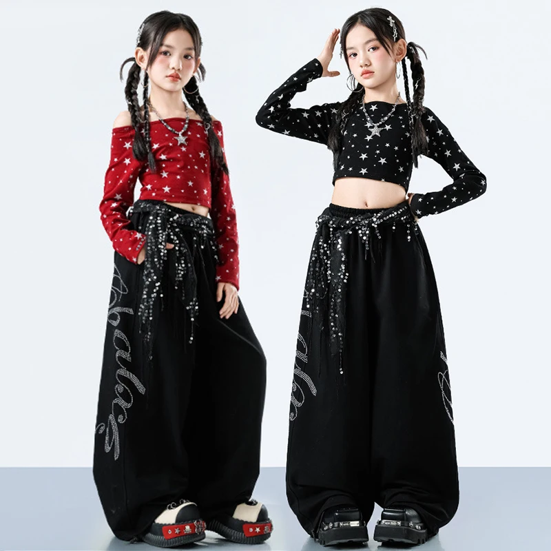 

Костюм для джазовых танцев K-pop, одежда для выступлений в стиле хип-хоп для девочек, укороченный топ, черные брюки, одежда для городских танцев, модная уличная одежда VDL5060
