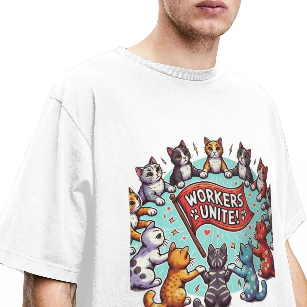 Men Women's Workers Unite! Circle Of Cats Shirt Funny Cat Solidarity 100% Cotton Clothes Short Sleeve Round Collar Adult Shirts