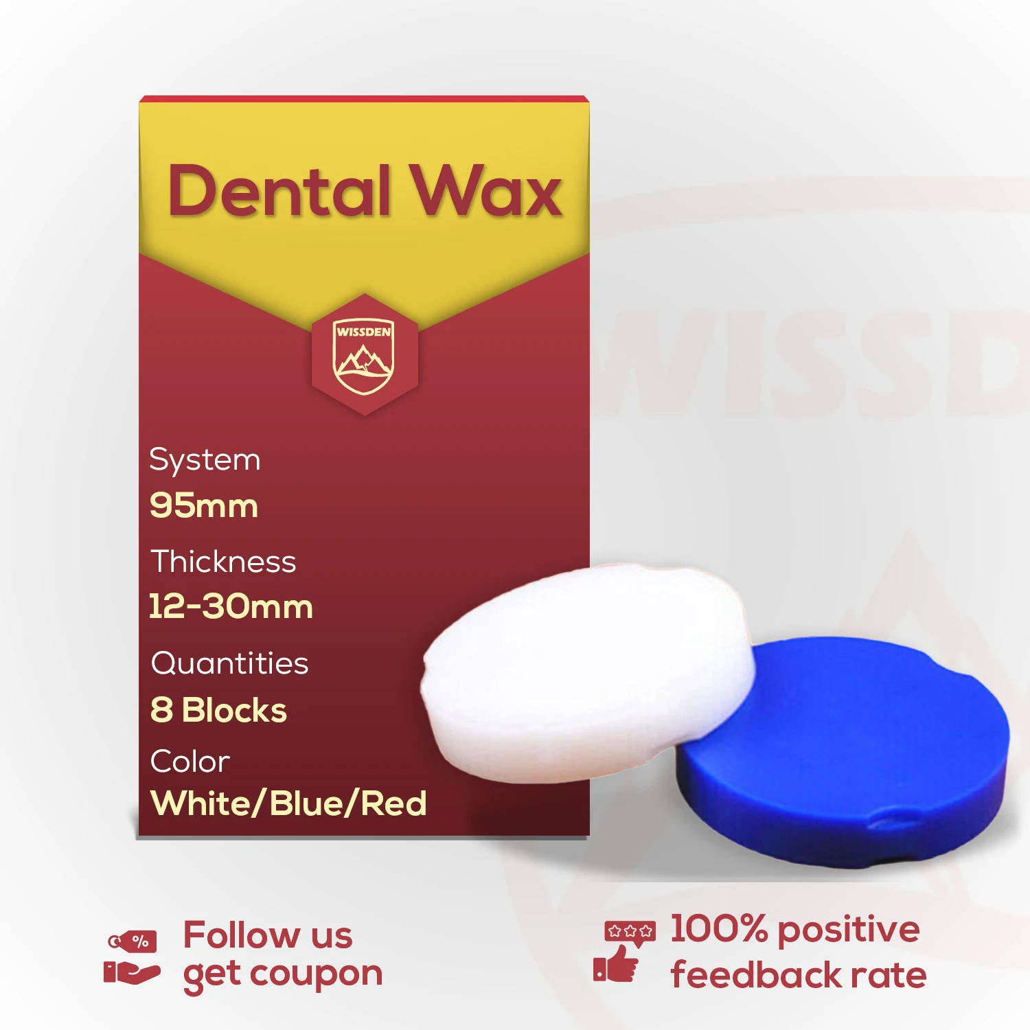 Wissden WAX Disc（8 Pieces）95,12-30mm White/Blue/Red Dental Lab Materials Zirkonzahn System CAD/CAM