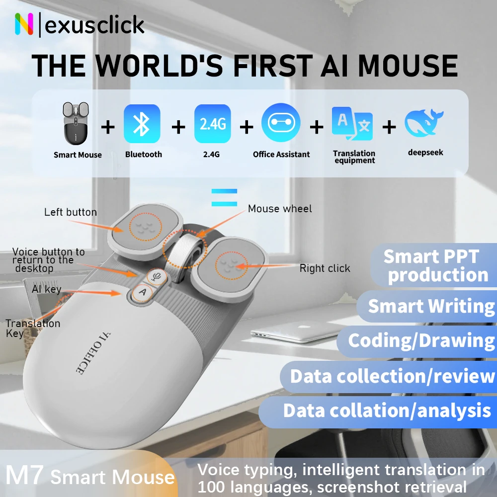 USB Rechargeable AI Wireless Mouse | Silent 2.4G/Bluetooth Mouse with Chat-GPT & Deepseek | AI Voice Control for Computer/Office