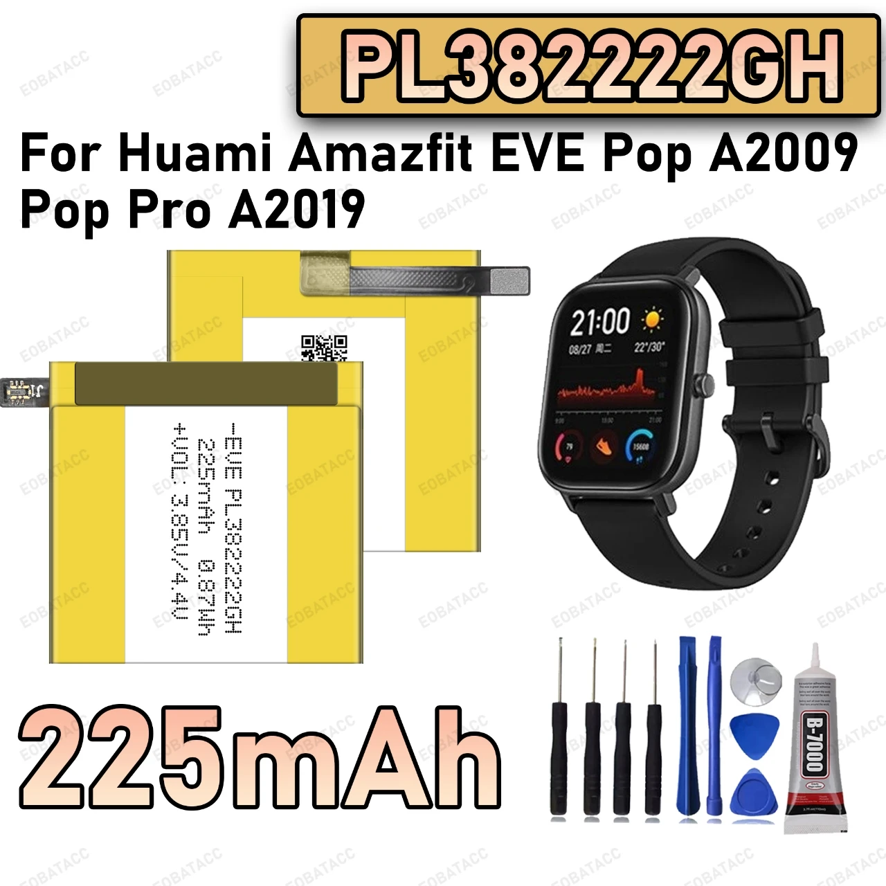 

100% New Zero Cycle PL382222GH Battery For Huami Amazfit EVE POP A2009/POP PRO A2019 Smart Watch Bateria +Free Tools