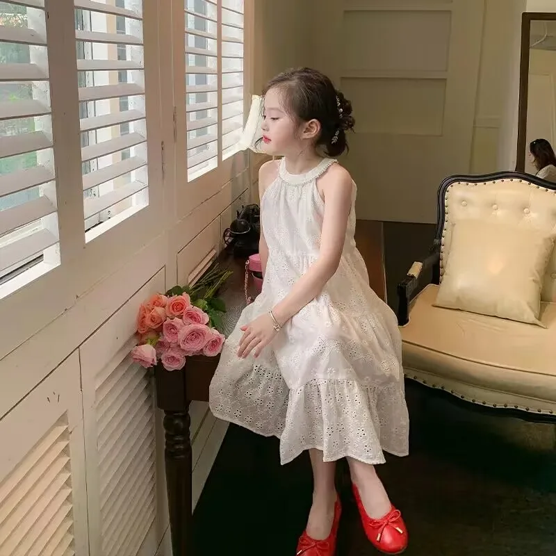 New Girls White Princess Dress Summer New Children's Baby Premium Long Dress Holiday Style Dress Eenage Girls Strap Dress