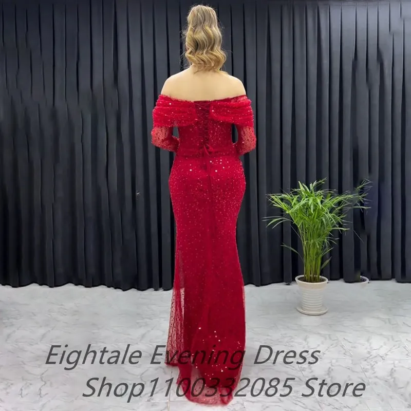 Eightale Customized 2024 Red Mermaid Sequin Prom Dress Off Shouder Long Sleeve Evening Dress Women Formal Party Gown