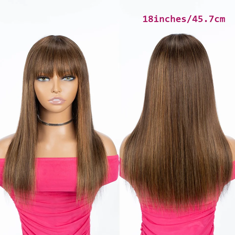 Ombre Brown Highlight Straight Human Hair Wigs With Bangs Wear And Go Glueless Colored Human Hair Wigs 16-28inches Straight Wigs