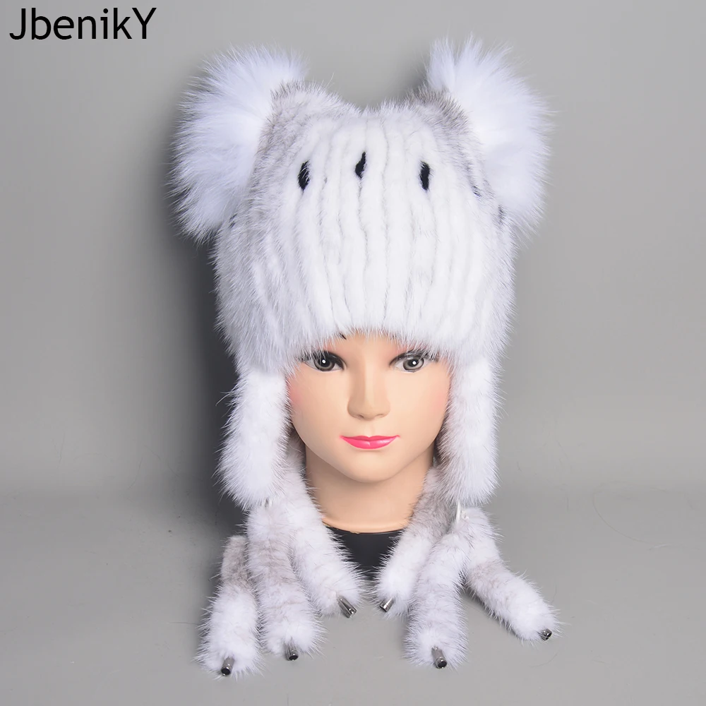 Hats For Women Natural Mink Fur Tails Earflap Winter Hat Women Real Fur Knitted Beanie Hat