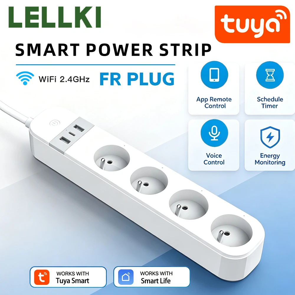 LELLKI FR WiFi Tuya Multiprise Intelligente avec USB Type-C, Moniteur d'Énergie, Minuteur à Distance, Commande Vocale Alexa Google, Multi-prises pour Maison Intelligente
