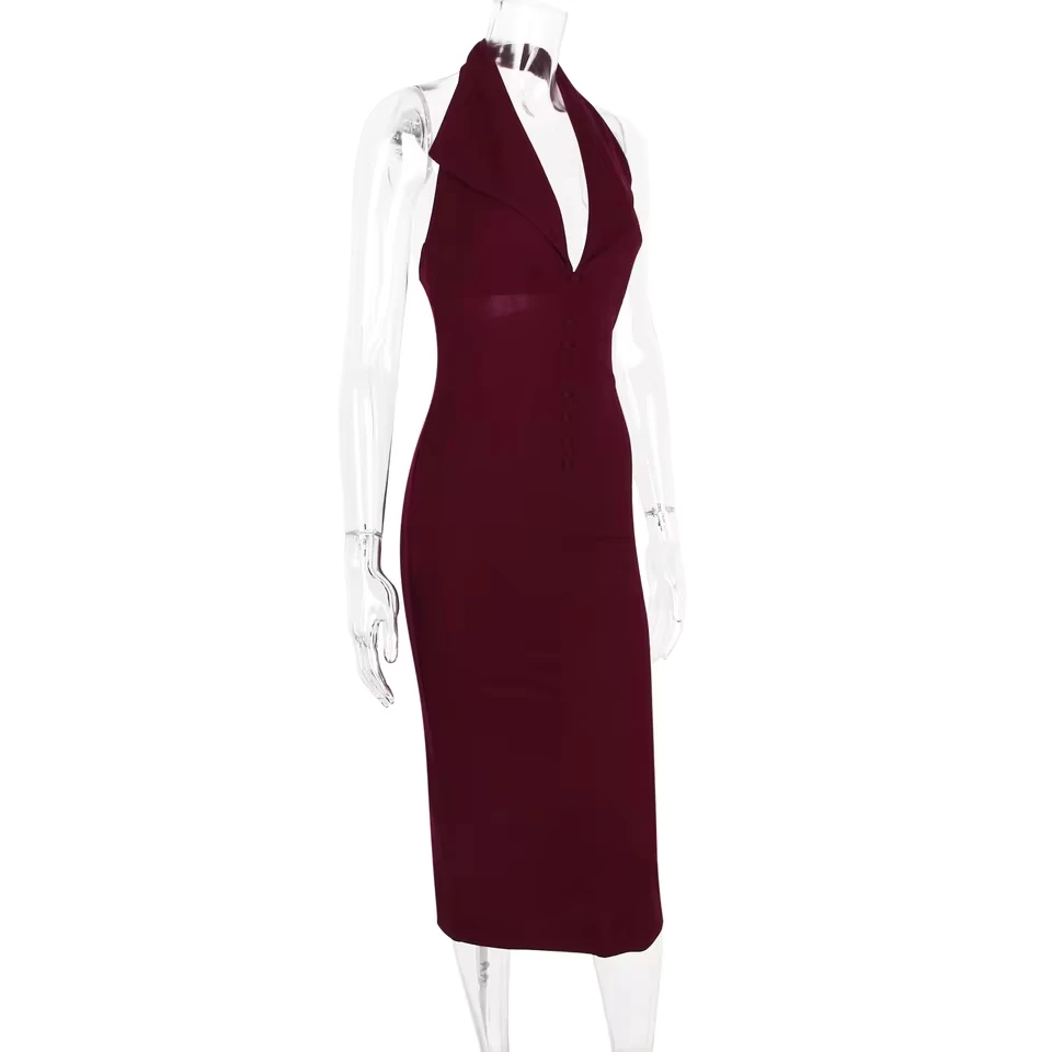Vestido Longo Elegante Sem Mangas com Botões, Vestido Sexy de Festa com Decote em V Profundo para Mulheres, Novo Vestido Slim de Outono/Inverno