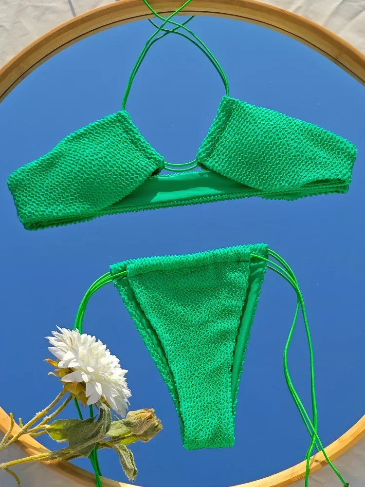 Biquínis com nervuras bandagem banho feminino push up beachwear cor verde maiô feminino sexy fatos de banho biquini brasileiro