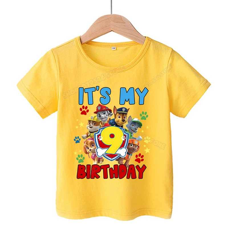 포파트롤 생일 숫자 티셔츠 만화 어린이 옷 체이스 스카이 러블 코튼 티셔츠 귀여운 남자아이 여자아이 여름 반팔 상의