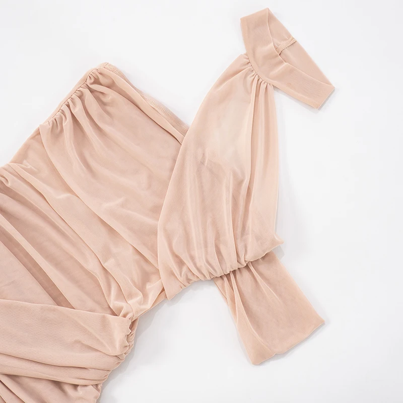 CUTENOVA Women'S Solid Color Mesh Patchwork Hanging Neck Backless Strapless Asymmetric Shrinking Pleated Package Hip Short Dress