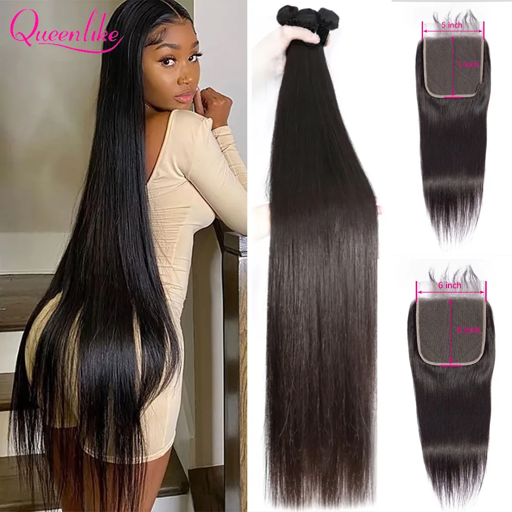 30 40 Inch Straight Human Hair Bundles With 4x4/5x5/6x6 Lace Closure Brazilian Weave 3 Bundles With 13x4 Frontal Closure Remy